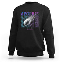 Black crewneck sweatshirt with Apophis space graphic on back, long sleeves