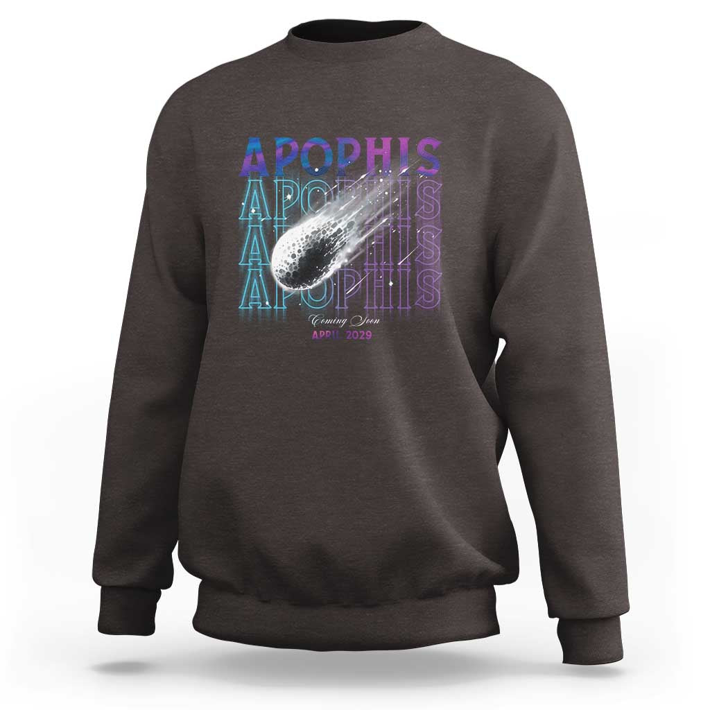 Dark chocolate crewneck sweatshirt with Apophis space graphic on back, long sleeves