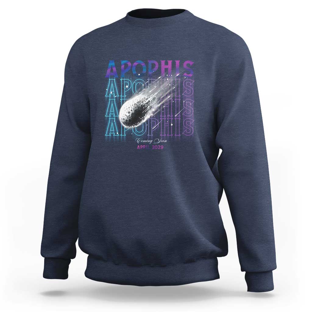Navy crewneck sweatshirt with Apophis space graphic on back, long sleeves