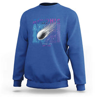 Royal blue crewneck sweatshirt with Apophis space graphic on back, long sleeves