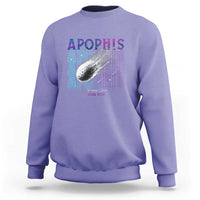 Violet crewneck sweatshirt with Apophis space graphic on back, long sleeves
