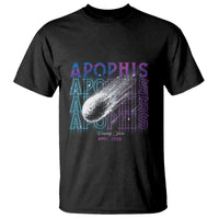 Black T-shirt with AOPHIS space graphic, comet streak, and APRIL 2029 text.