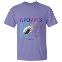 Violet T-shirt with AOPHIS space graphic, comet streak, and APRIL 2029 text.