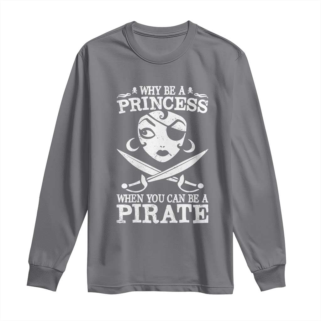 Charcoal gray long-sleeve T-shirt with white princess and pirate graphic