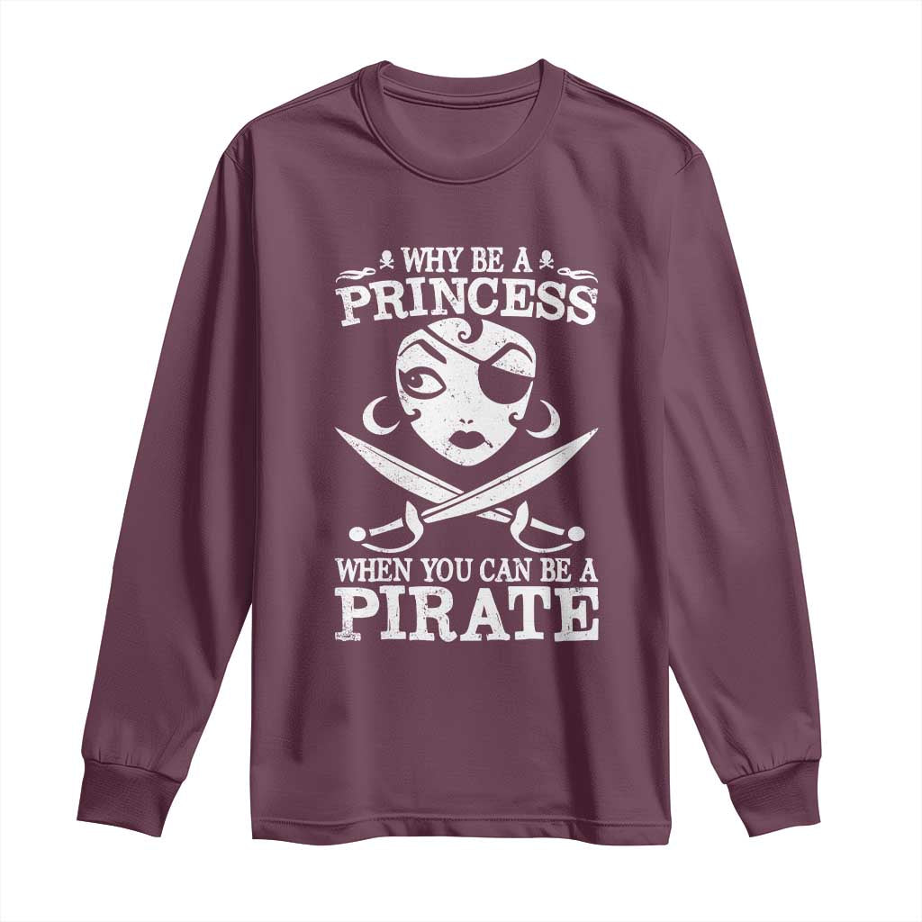 Maroon long-sleeve T-shirt with white princess and pirate graphic