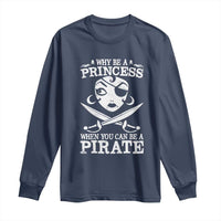 Navy long-sleeve T-shirt with white princess and pirate graphic