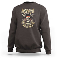 Dark chocolate pirate sweatshirt with skull pirate graphic and 'Shenanigans Begin' text