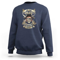Navy pirate sweatshirt with skull pirate graphic and 'Shenanigans Begin' text
