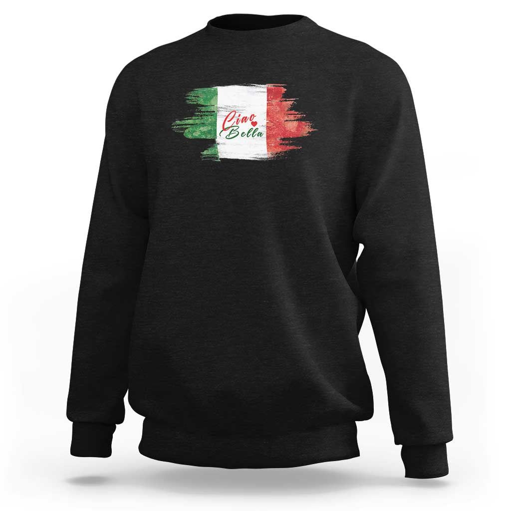 Black long-sleeve pullover sweatshirt with 'Ciao Bella' print on chest.