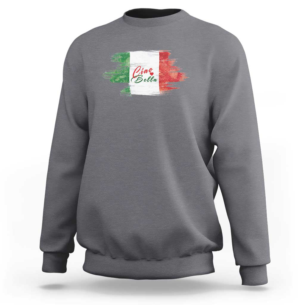 Charcoal long-sleeve pullover sweatshirt with 'Ciao Bella' print on chest.