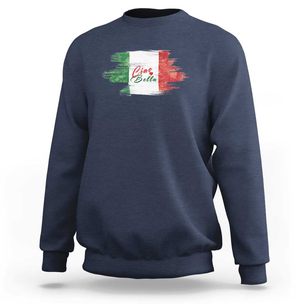 Navy long-sleeve pullover sweatshirt with 'Ciao Bella' print on chest.