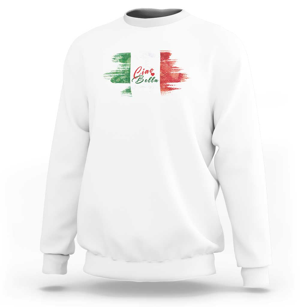 White long-sleeve pullover sweatshirt with 'Ciao Bella' print on chest.