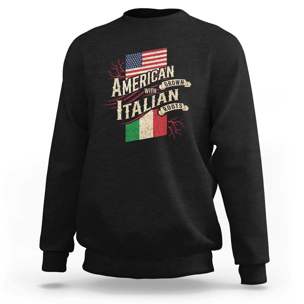 Dark gray sweatshirt with large Italian roots and U.S. flag graphic on back