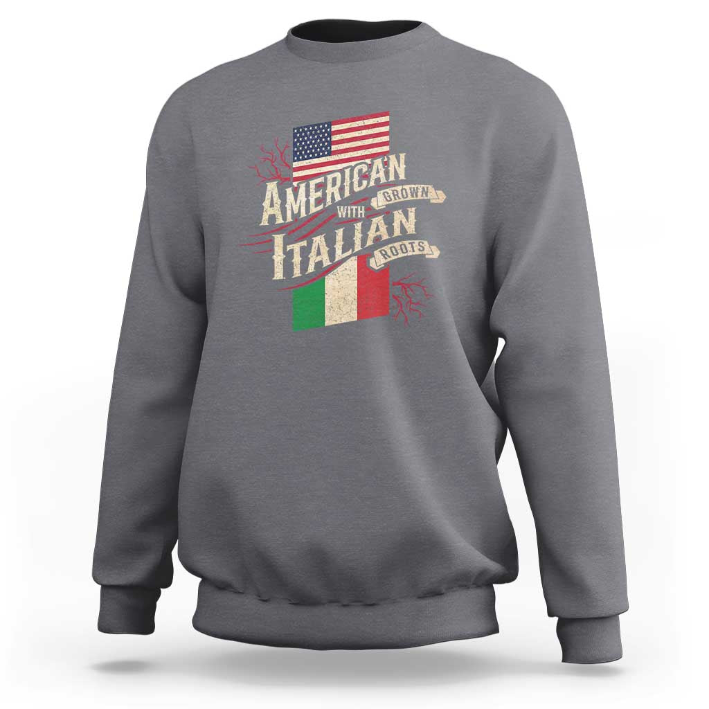 Heather gray sweatshirt with large Italian roots and U.S. flag graphic on back