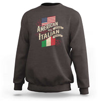 Dark chocolate brown sweatshirt with large Italian roots and U.S. flag graphic on back
