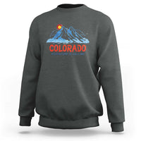 Charcoal crewneck sweatshirt with Colorado mountain graphic and 'Adventure Is Calling' print