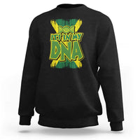 Black crewneck sweatshirt with front DNA graphic in green, yellow, and white
