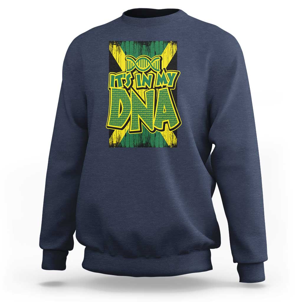 Navy crewneck sweatshirt with front DNA graphic in green and yellow