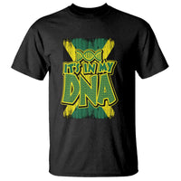 Black T-shirt with front Jamaica text graphic in yellow and teal.
