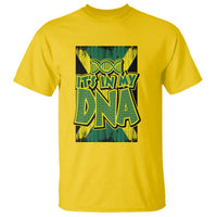 Yellow T-shirt with front Jamaica text graphic in yellow, teal, and black.