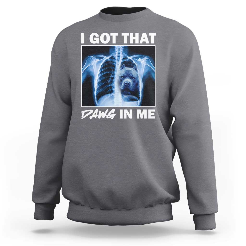 Men's gray sweatshirt with blue x-ray pitbull graphic and "DAWG IN ME" text