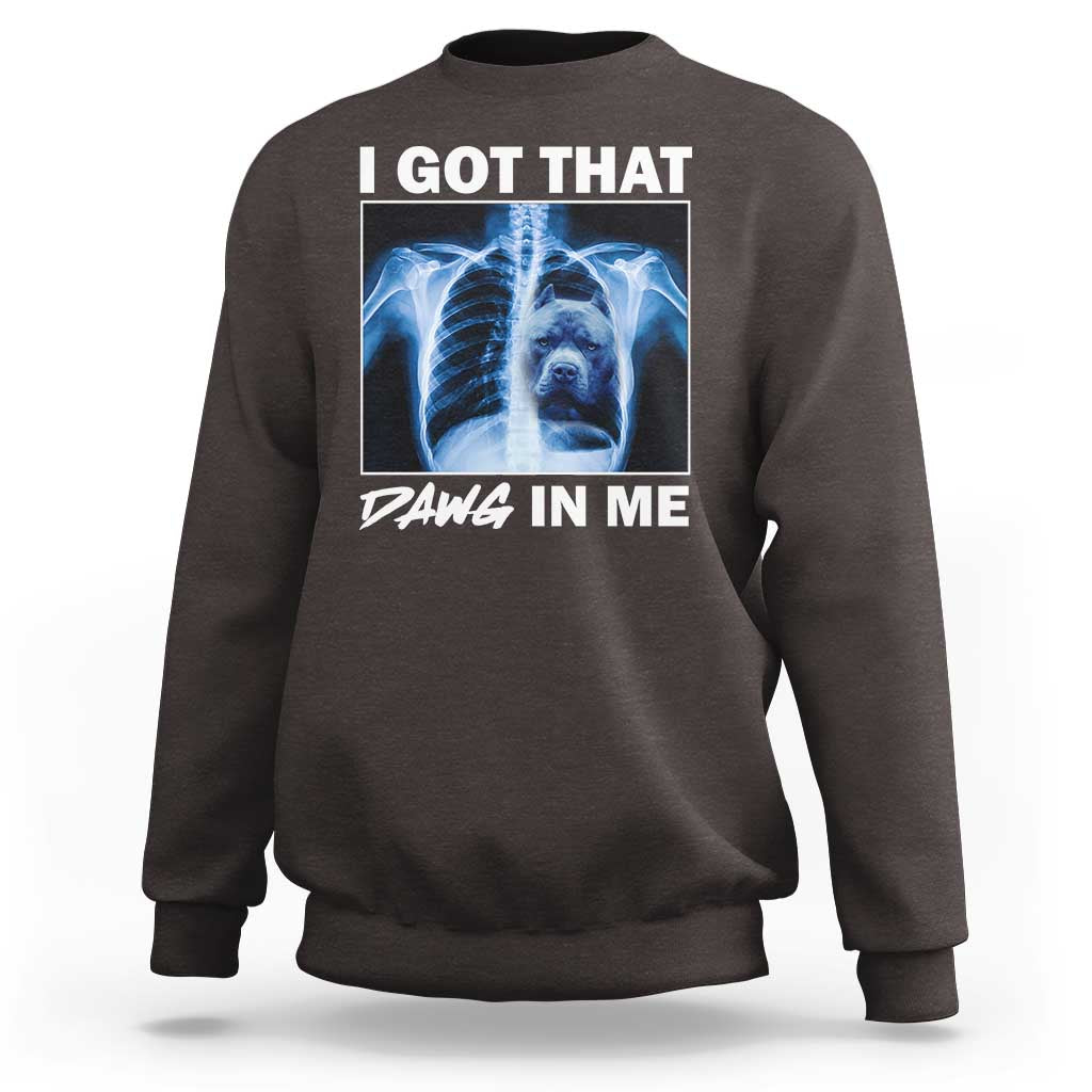 Men's charcoal sweatshirt with blue x-ray pitbull graphic and "DAWG IN ME" text
