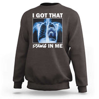 Men's charcoal sweatshirt with blue x-ray pitbull graphic and "DAWG IN ME" text
