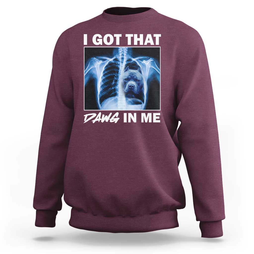 Men's maroon sweatshirt with blue x-ray pitbull graphic and "DAWG IN ME" text