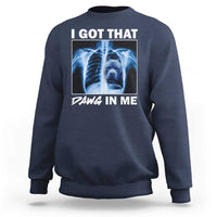 Men's navy sweatshirt with blue x-ray pitbull graphic and "DAWG IN ME" text