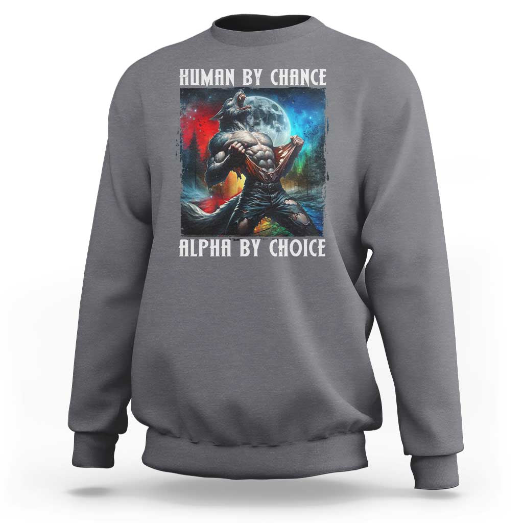 Charcoal gray sweatshirt with wolf graphic and 'ALPHA BY CHOICE' text on front.