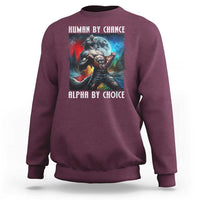 Maroon sweatshirt with wolf graphic and 'ALPHA BY CHOICE' text on front.