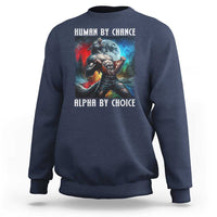 Navy blue sweatshirt with wolf graphic and 'ALPHA BY CHOICE' text on front.