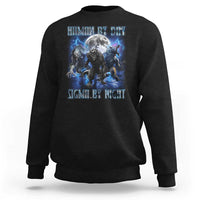 Black crewneck sweatshirt with wolf graphic and moon text, long sleeves