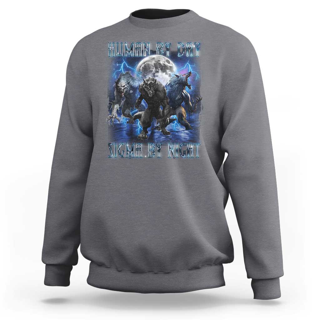 Charcoal gray crewneck sweatshirt with wolf graphic and moon text, long sleeves
