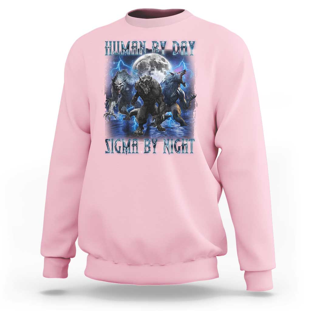 Pink crewneck sweatshirt with wolf graphic, moon and glowing text, long sleeves