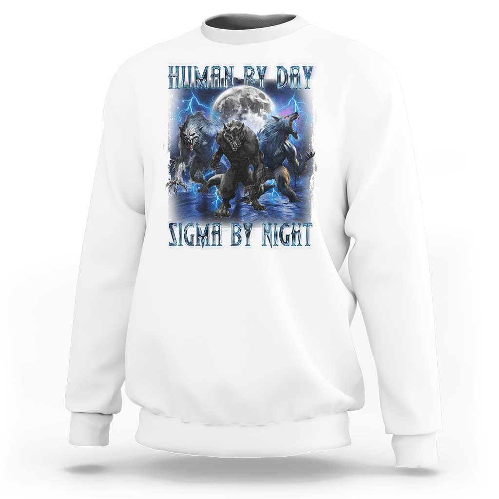 White crewneck sweatshirt with wolf graphic, moon and glowing text, long sleeves
