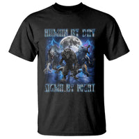 Black crew-neck T-shirt with “Human by Day, Sigma by Night” wolf graphic
