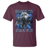 Maroon crew-neck T-shirt with “Human by Day, Sigma by Night” wolf graphic