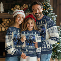Navy ugly Christmas sweater with wolf graphic, snowflake and tree Fair Isle pattern