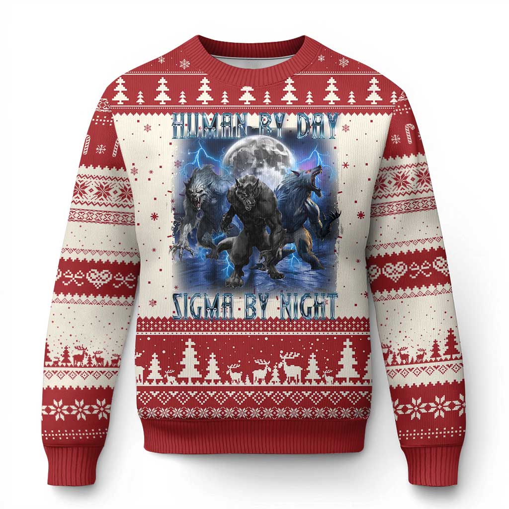 Red ugly Christmas sweater with wolf graphic, snowy tree and Fair Isle border pattern