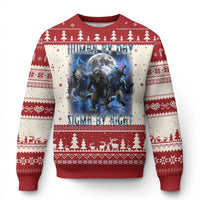 Red ugly Christmas sweater with wolf graphic, snowy tree and Fair Isle border pattern