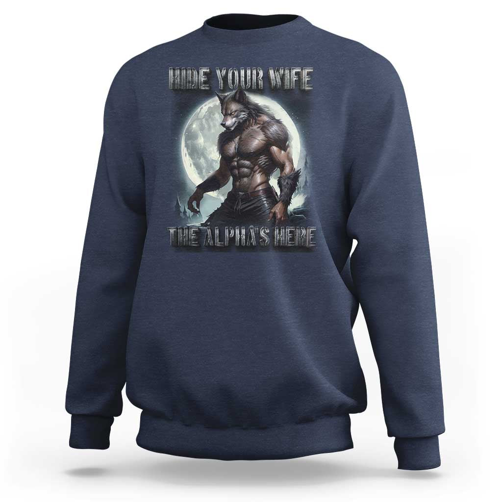 Navy crewneck sweatshirt with front wolf graphic design and ribbed cuffs.