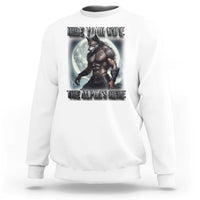 White crewneck sweatshirt with front wolf graphic design and ribbed cuffs.
