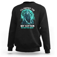 Black sweatshirt with alpha wolf and kitten graphic, "I'll protect you" text