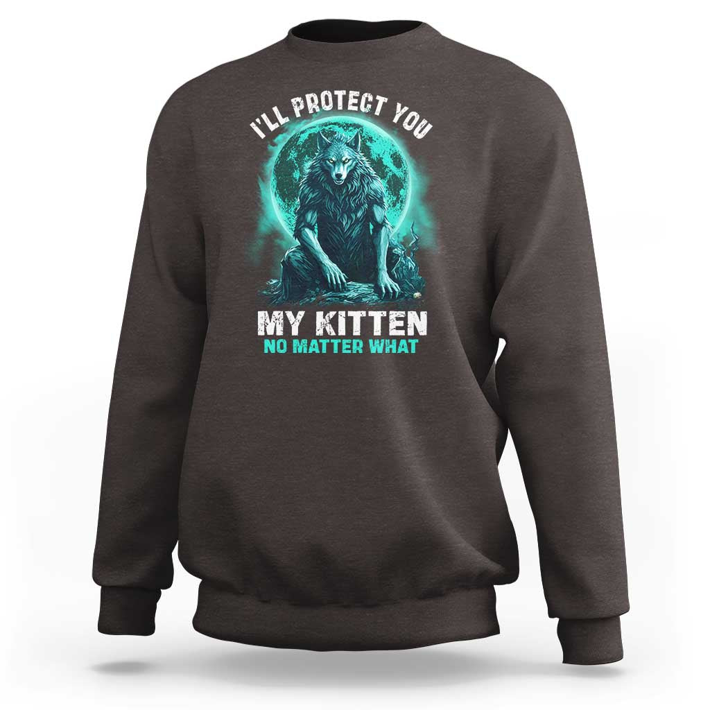 Dark chocolate brown sweatshirt with alpha wolf and kitten graphic, "I'll protect you" text