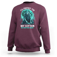 Maroon sweatshirt with alpha wolf and kitten graphic, "I'll protect you" text