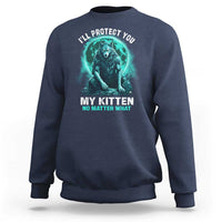 Navy sweatshirt with alpha wolf and kitten graphic, "I'll protect you" text