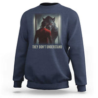 Navy crewneck sweatshirt with wolf graphic and "They Don't Understand" print