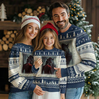 Navy Christmas sweater with wolf graphic, snowflake and tree fair-isle pattern