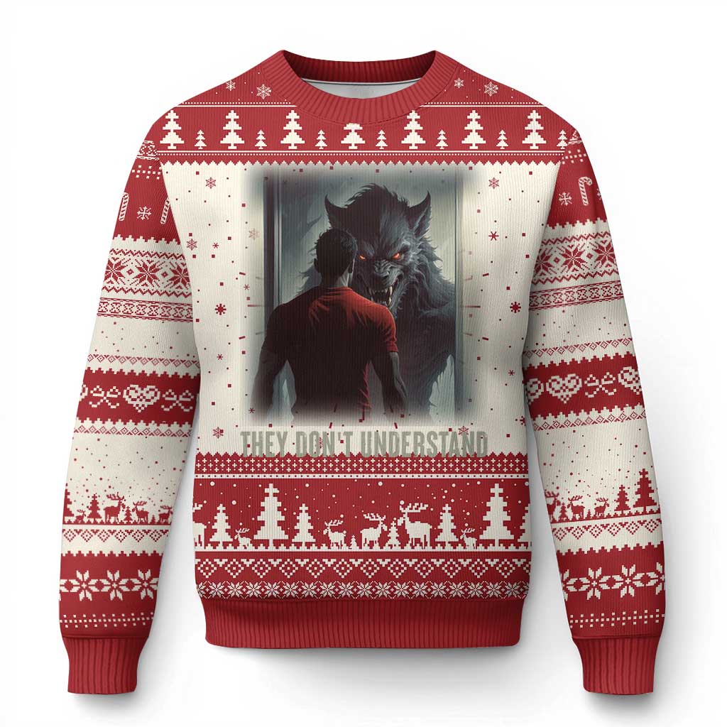 Red Christmas sweater with wolf graphic in center and white tree and snowflake pattern